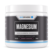 Load image into Gallery viewer, A white plastic jar of Biosphere Magnesium supplement with a black label, shown on a clean white background.