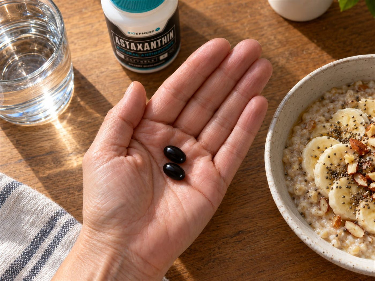Two astaxanthin softgels in an open palm beside a bowl of porridge