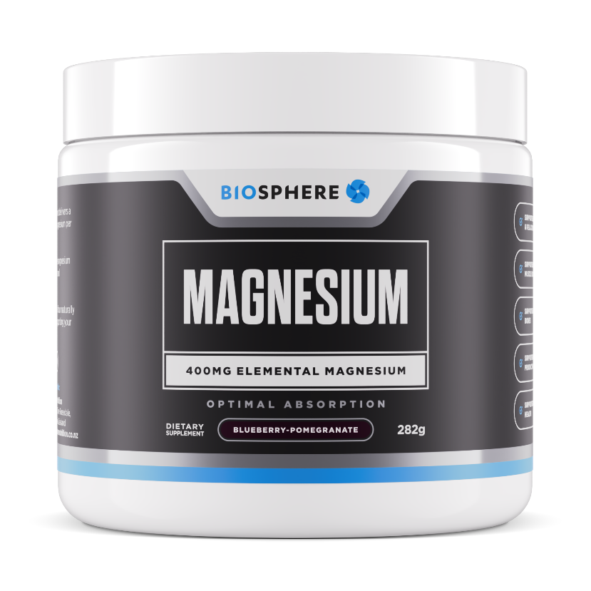 A white plastic jar of Biosphere Magnesium supplement with a black label, shown on a clean white background.