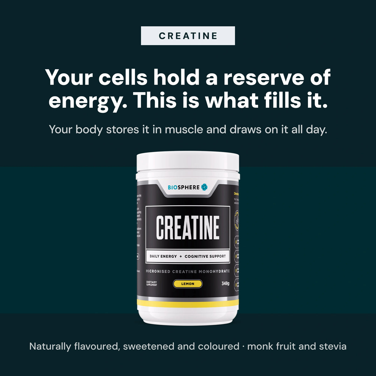 Biosphere Creatine Lemon tub on a dark background with an energy reserve callout