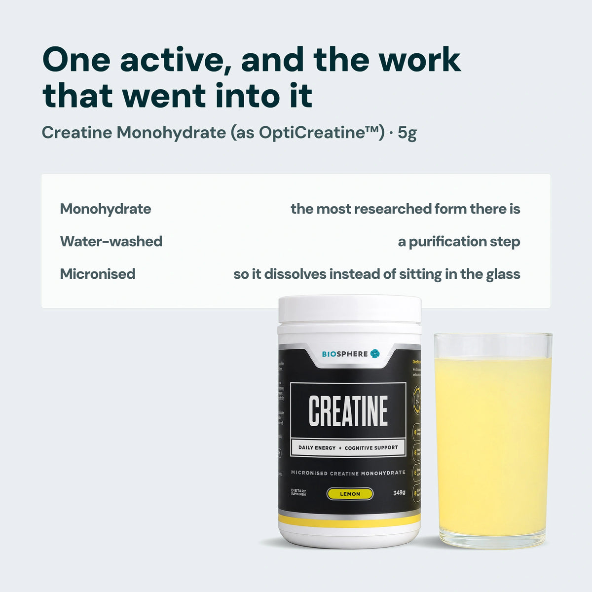 Creatine monohydrate as OptiCreatine, 5g per scoop, water-washed and micronised, with tub and lemon drink