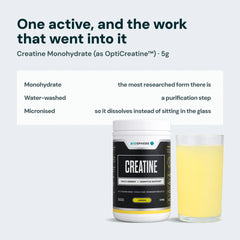 Creatine monohydrate as OptiCreatine, 5g per scoop, water-washed and micronised, with tub and lemon drink