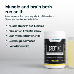 Biosphere Creatine tub beside a lemon drink, with callouts for muscle strength, mental clarity, lean muscle, exercise performance and energy