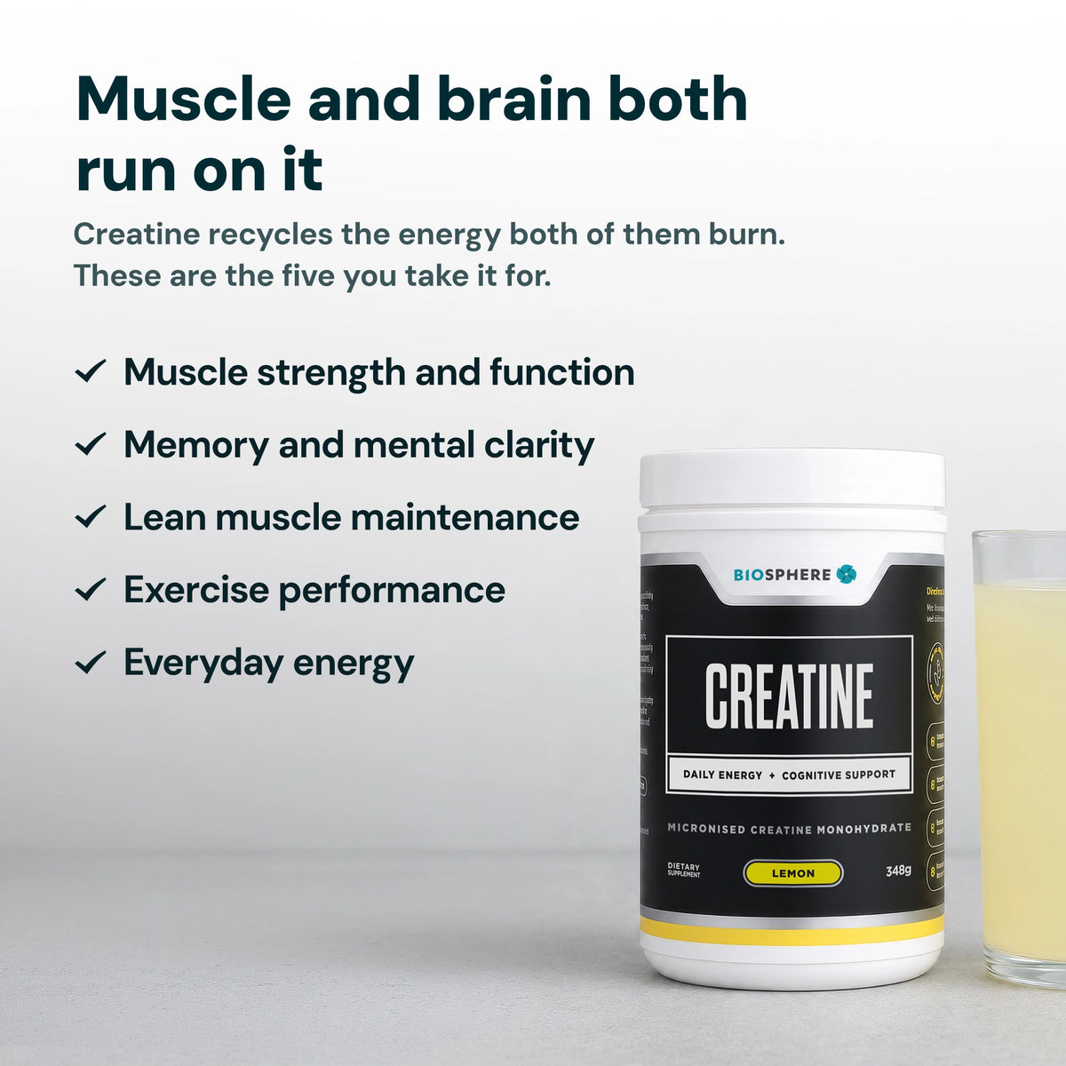 Biosphere Creatine tub beside a lemon drink, with callouts for muscle strength, mental clarity, lean muscle, exercise performance and energy