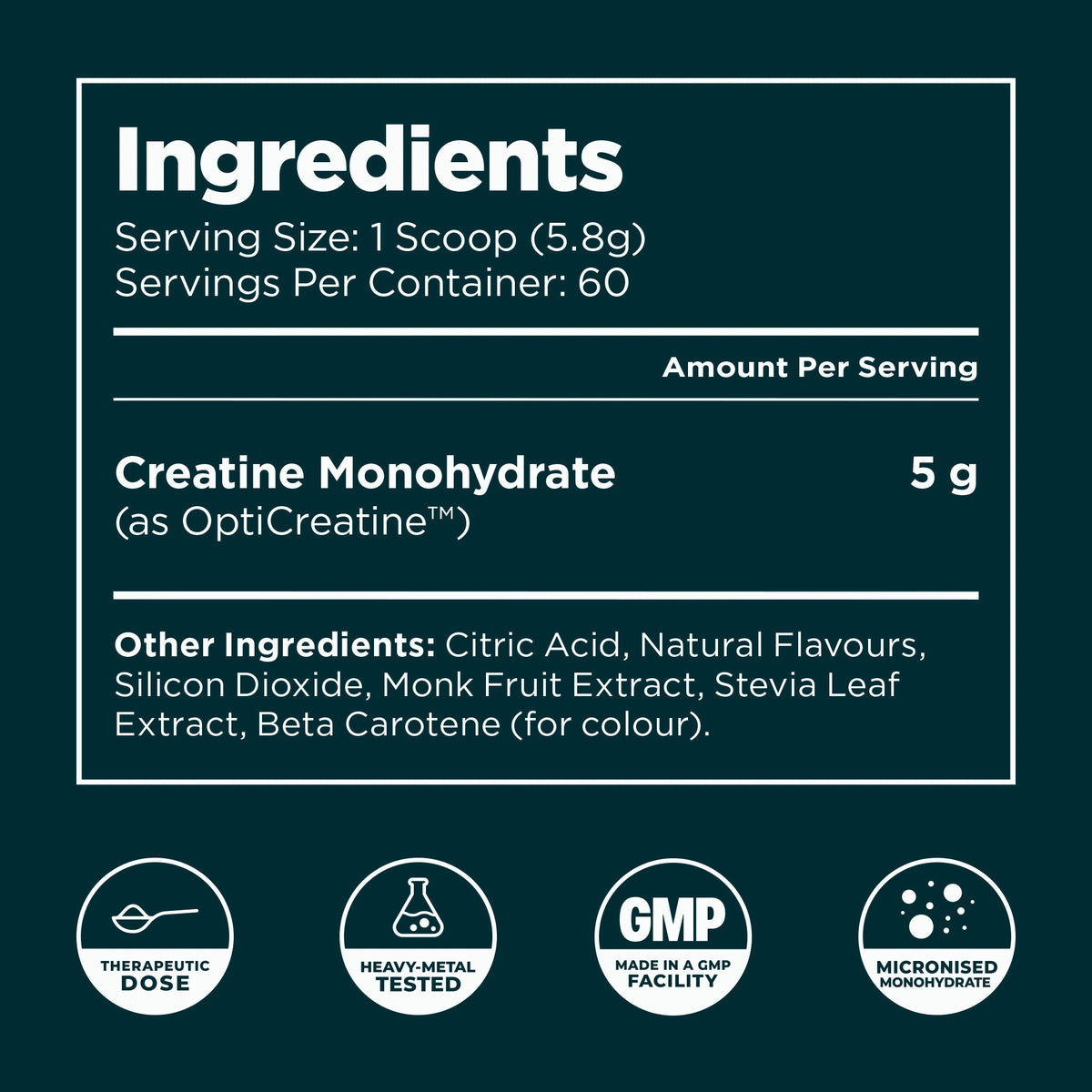 Biosphere Creatine ingredients panel showing 5g creatine monohydrate per scoop and four quality icons