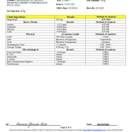 Certificate of analysis, Blueberry Pomegranate