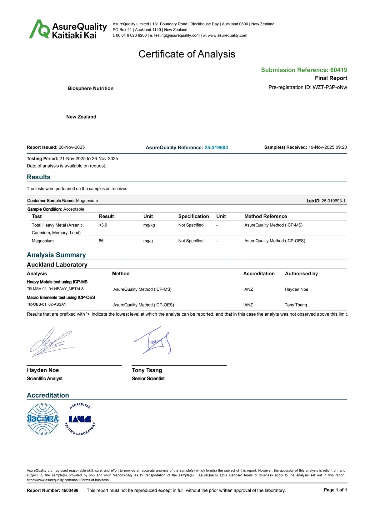 Certificate of Analysis
