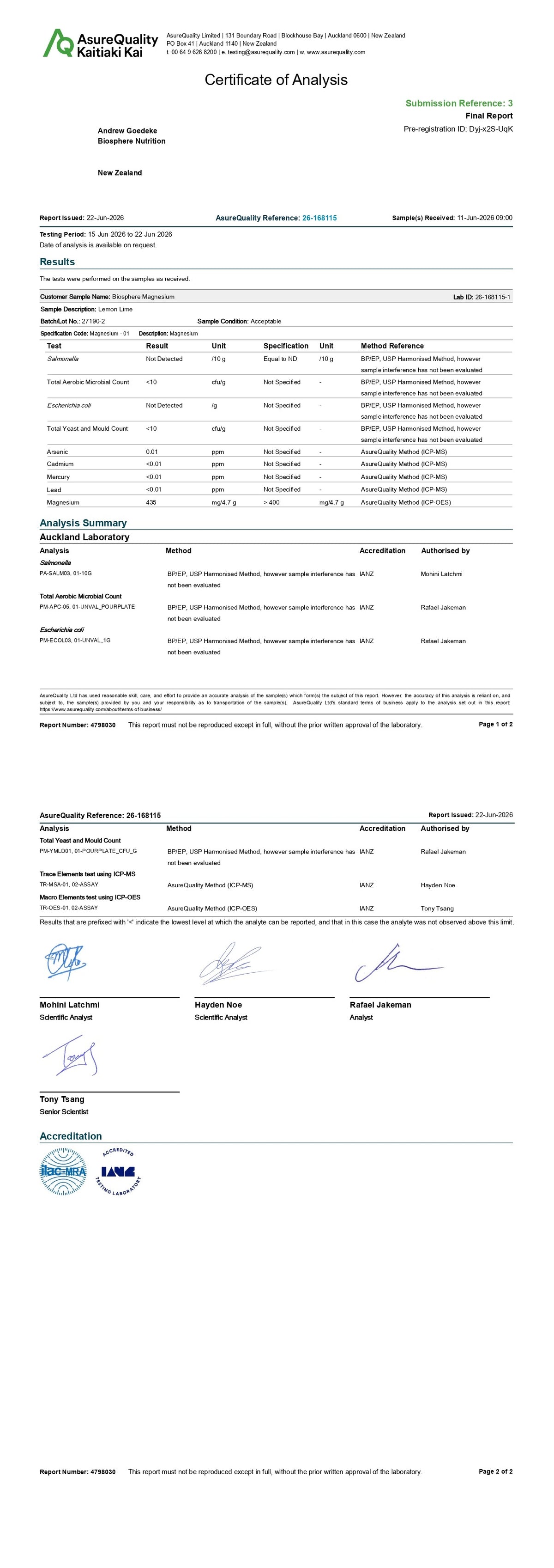 Certificate of Analysis