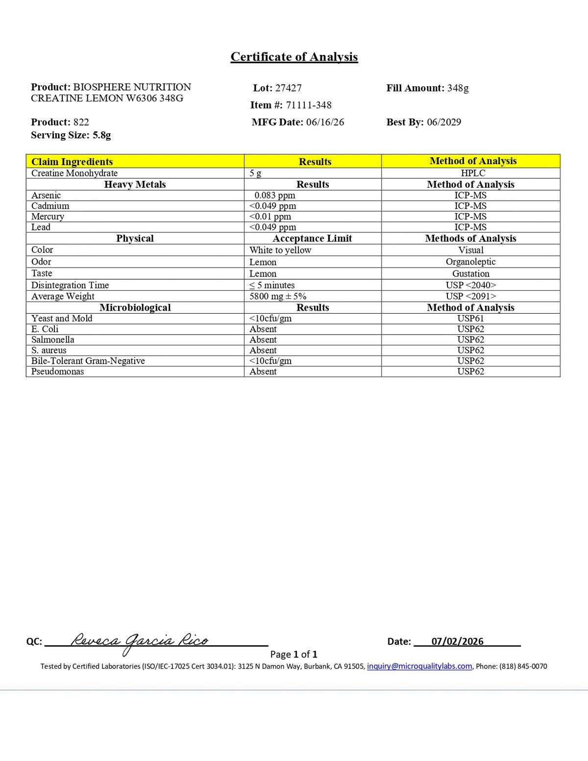 Certificate of analysis: Creatine