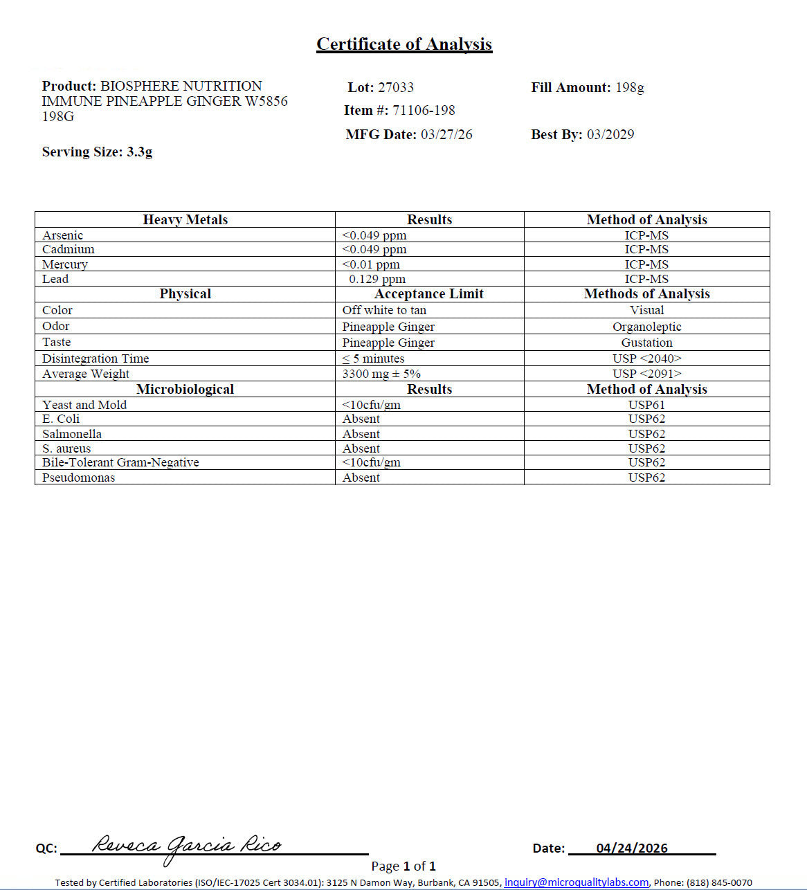 Certificate of analysis: Immune
