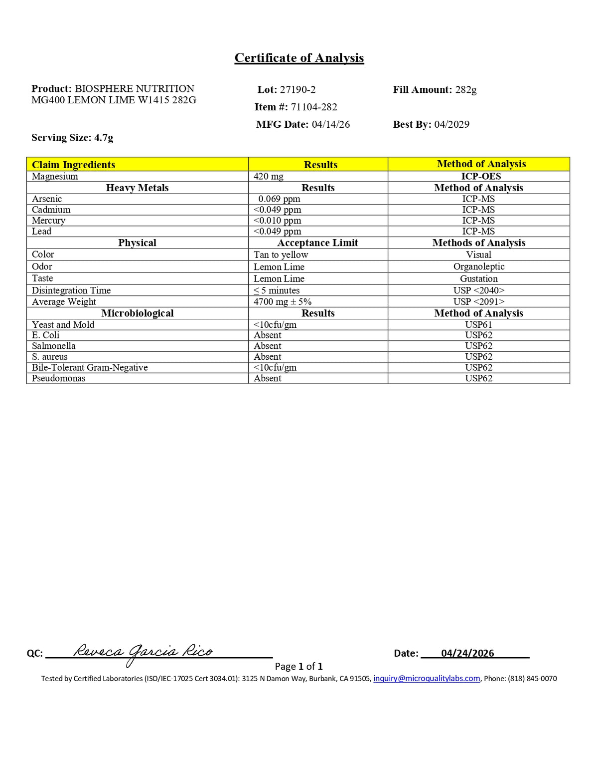 Certificate of analysis: Magnesium, Lemon-Lime
