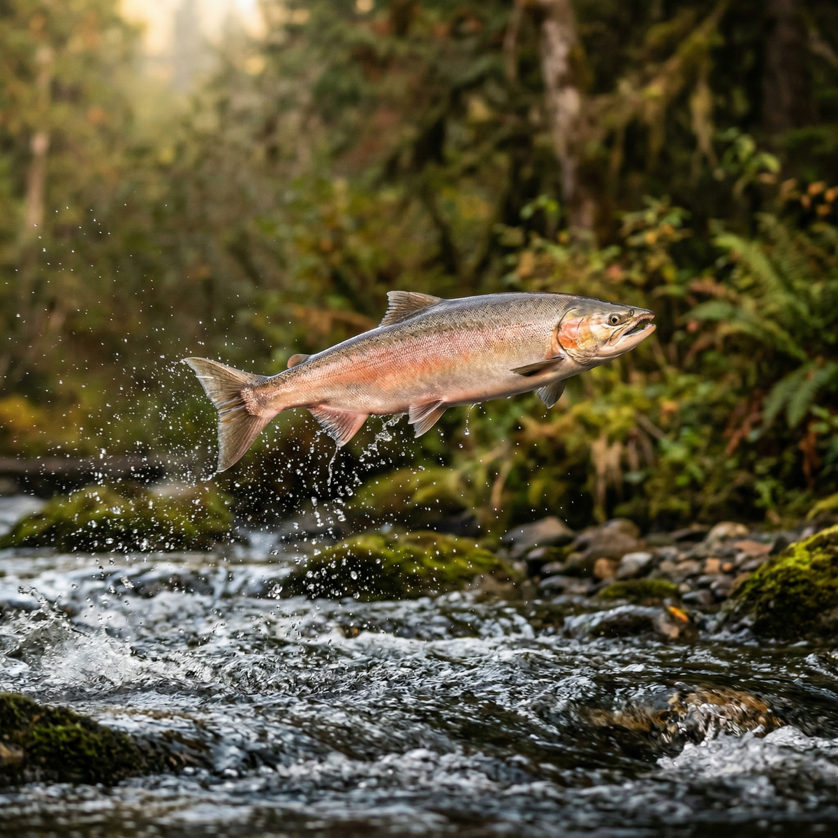 Wild salmon swimming upstream