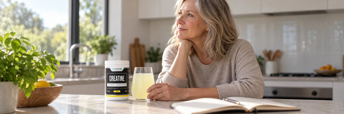 A woman in her fifties sitting at a kitchen bench with an open notebook, resting her chin on her hand and looking out the window, beside a tub of Biosphere Creatine and a glass of the mixed drink.