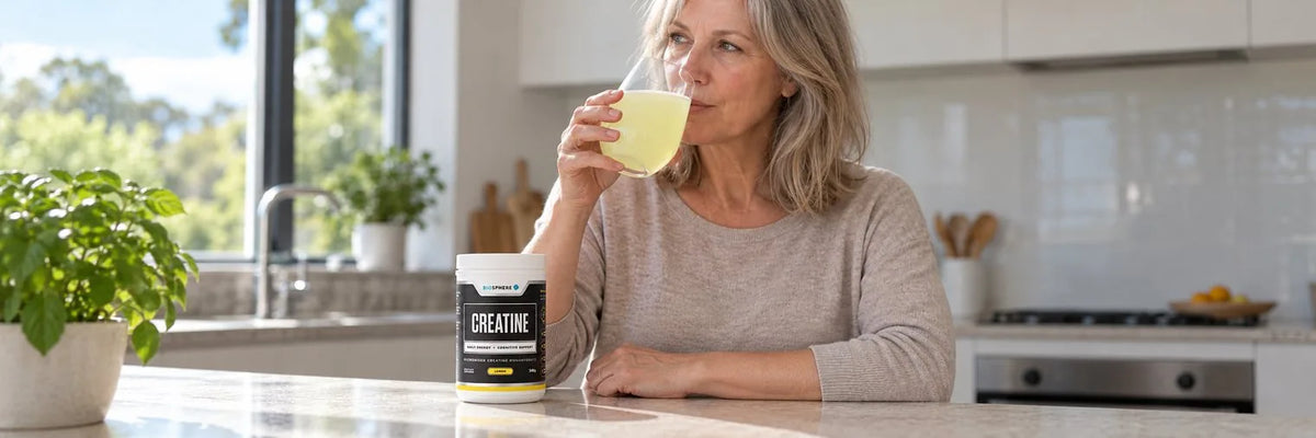 A woman in her fifties drinking a glass of mixed lemon creatine at a kitchen bench, with the tub of Biosphere Creatine beside her.
