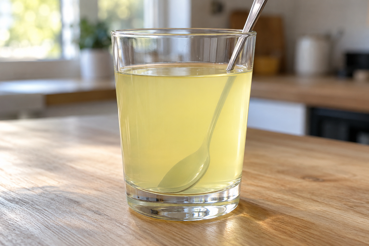 A glass of Biosphere Creatine lemon drink, fully mixed with no sediment, a teaspoon resting in it