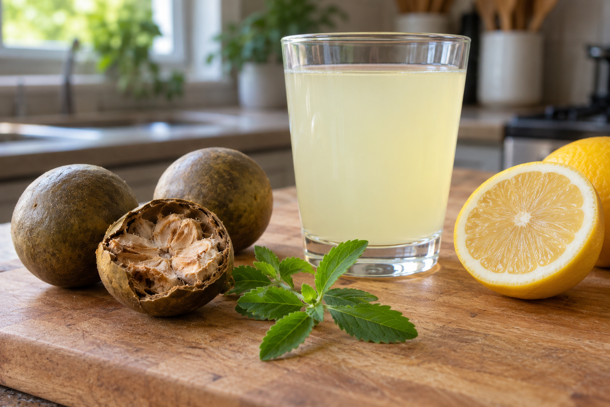 Monk fruit, fresh stevia leaves and a halved lemon beside a glass of the lemon creatine drink