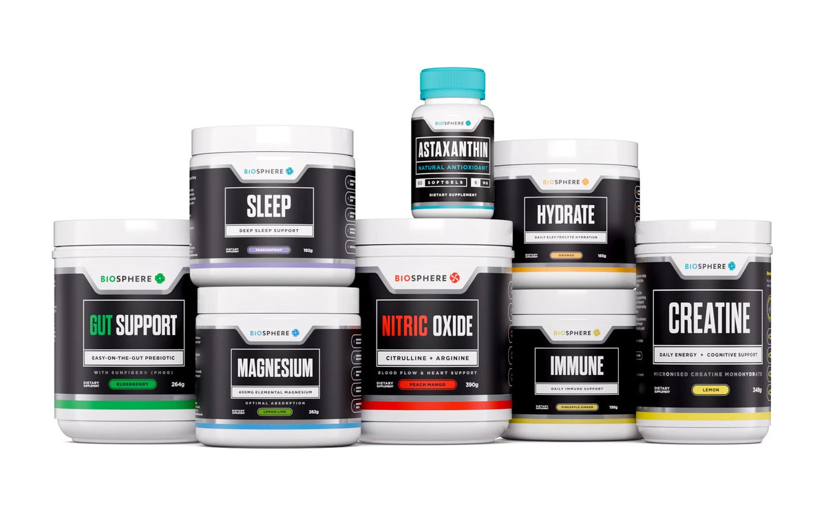 The full Biosphere range: Gut Support, Sleep, Magnesium, Astaxanthin, Nitric Oxide, Hydrate, Immune and Creatine