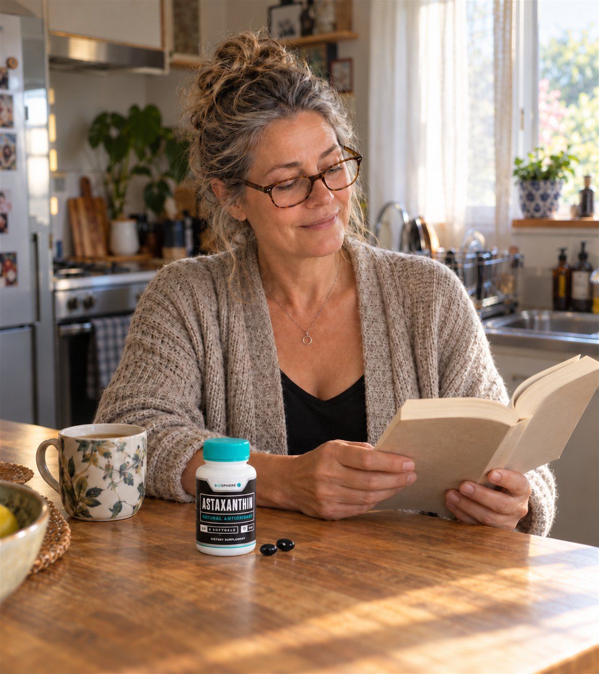 Hands holding an open book at a kitchen table, with a bottle of Biosphere Astaxanthin and two black softgels in front