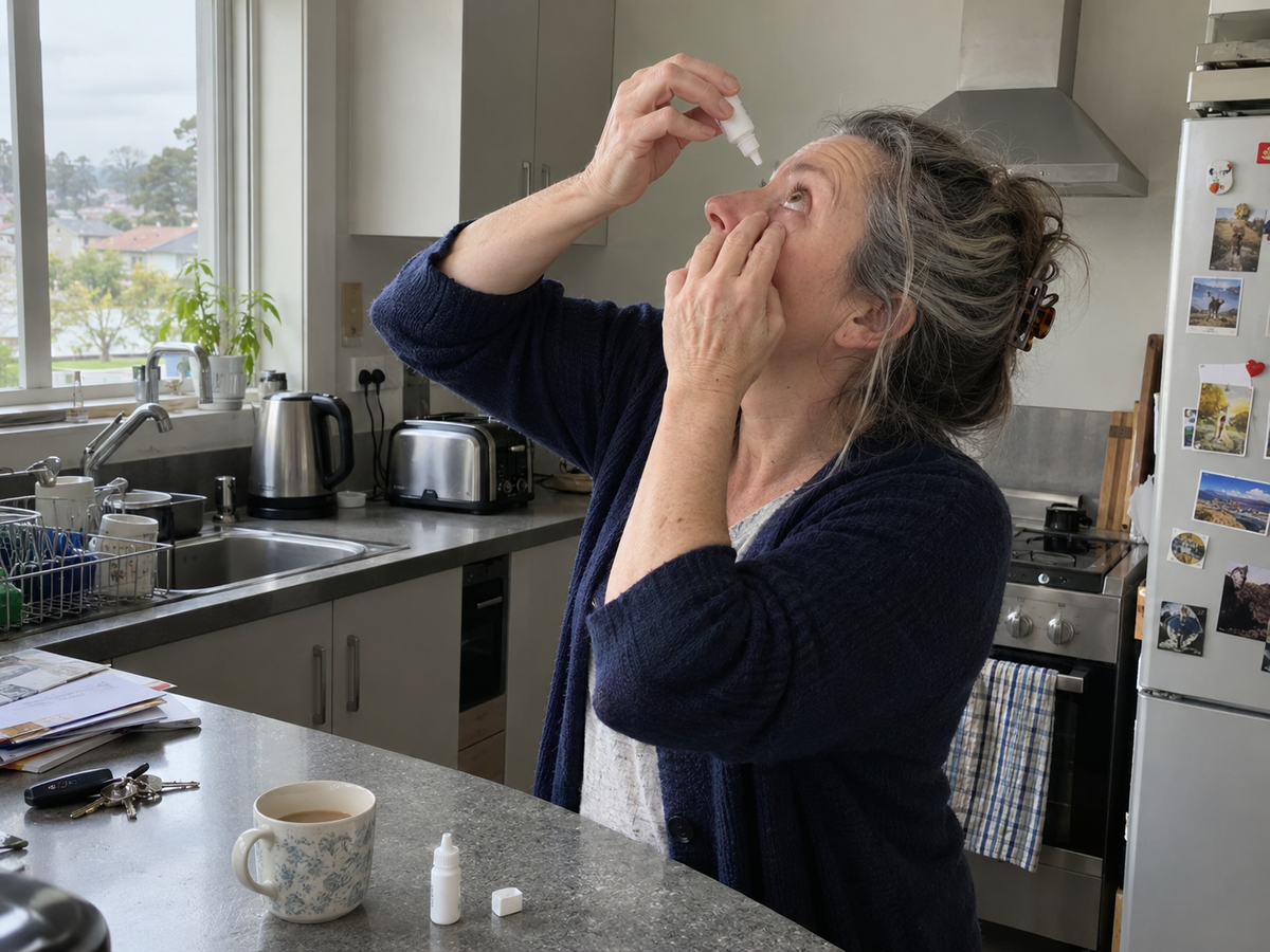 Woman at her kitchen bench putting in eye drops, a mug of tea and the drops bottle beside her