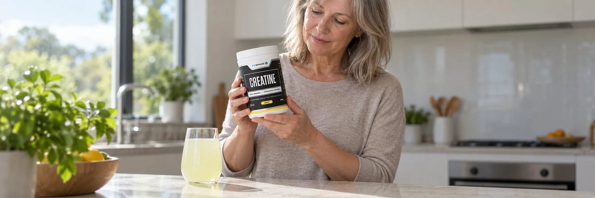A woman in her fifties standing at a kitchen bench, holding a tub of Biosphere Creatine and reading the label, with a glass of mixed lemon creatine in front of her.